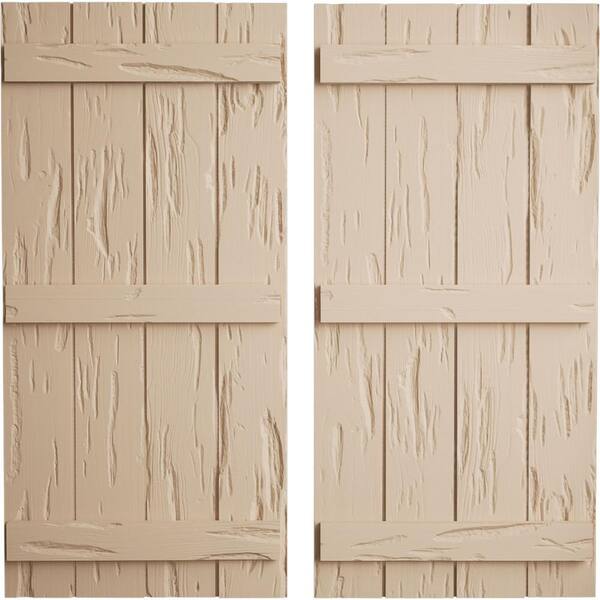 Ekena Millwork 22 in. x 56 in. Timberthane Polyurethane 4-Board Joined Board-n-Batten Pecky Cypress Faux Wood Shutters Pair