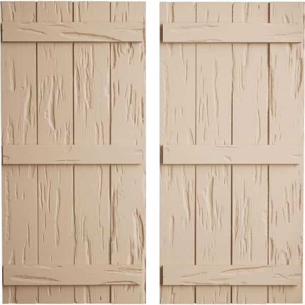 Ekena Millwork 22 in. x 72 in. Timberthane Polyurethane 4-Board Joined Board-n-Batten Pecky Cypress Faux Wood Shutters Pair