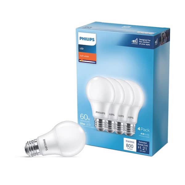 Philips 60-Watt Equivalent A19 Non-Dimmable E26 LED Light Bulb Soft White 2700K (4-Pack)