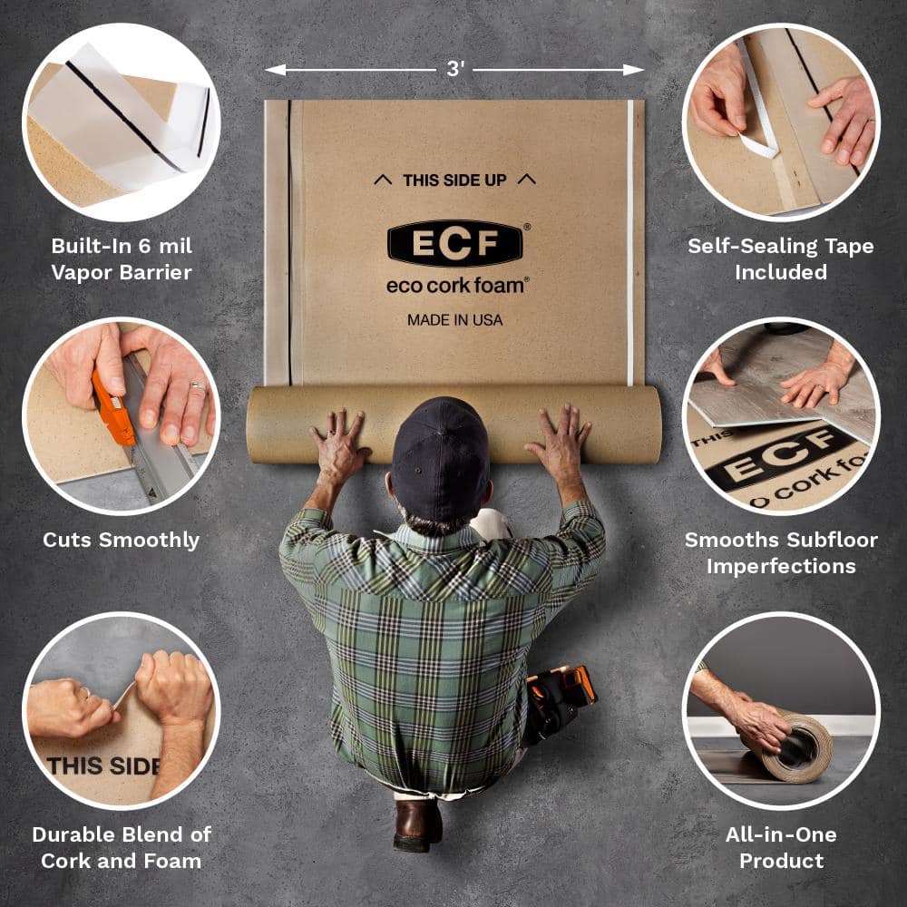 Eco Cork Foam 75 sq. ft. 3 ft. x 25 ft. x 3.2 mm Waterproof Premium Plus 10-in-1 Underlayment - Vinyl Plank, Laminate, Engineered Wood