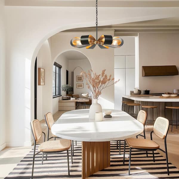 Modern Industrial 32.6 in. 8-Light Gold Round Chandeliers, Black Chandelier Lighting with Bow Petal Shade Living Room