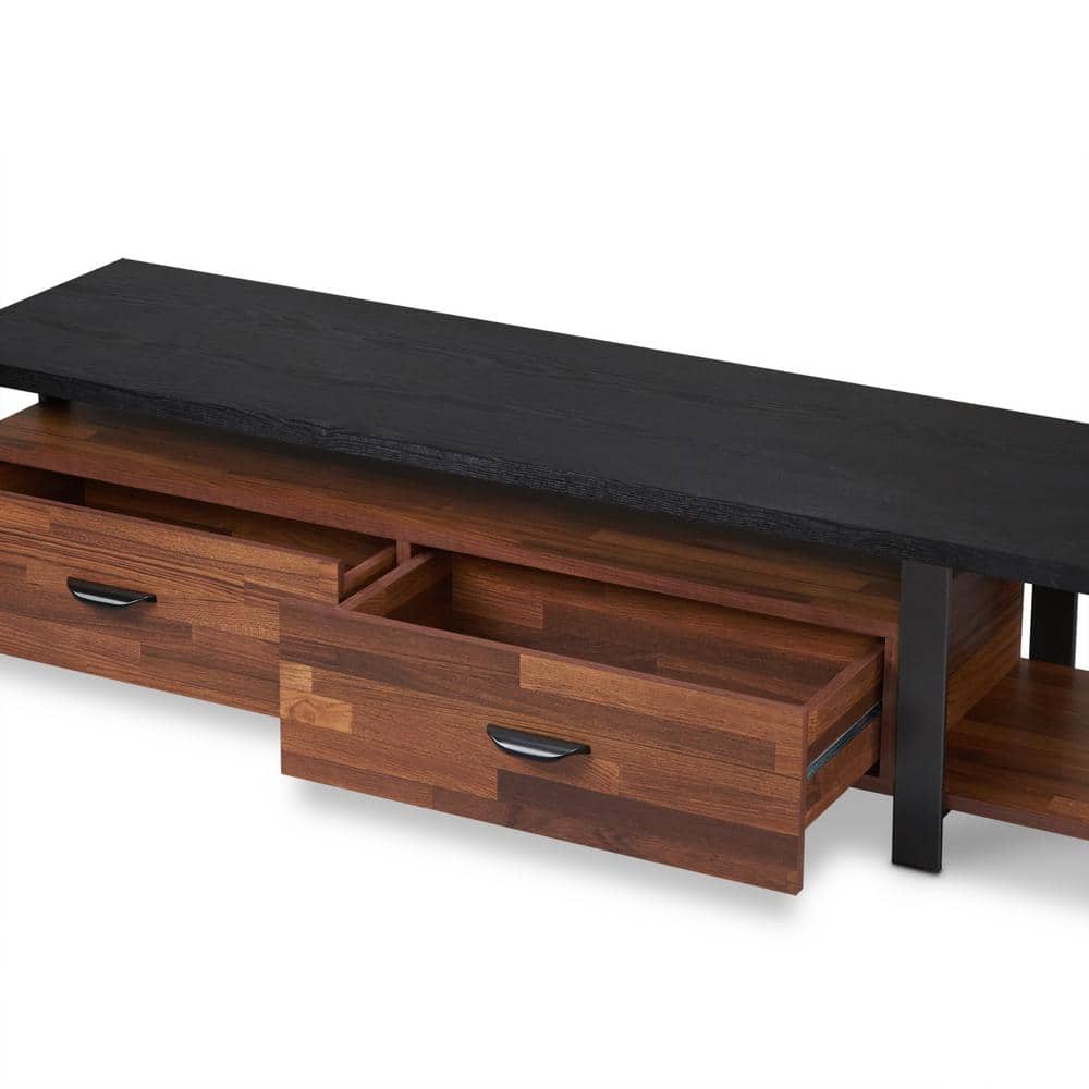 Black and Walnut 71" Metal Framed TV Stand with Cabinet
