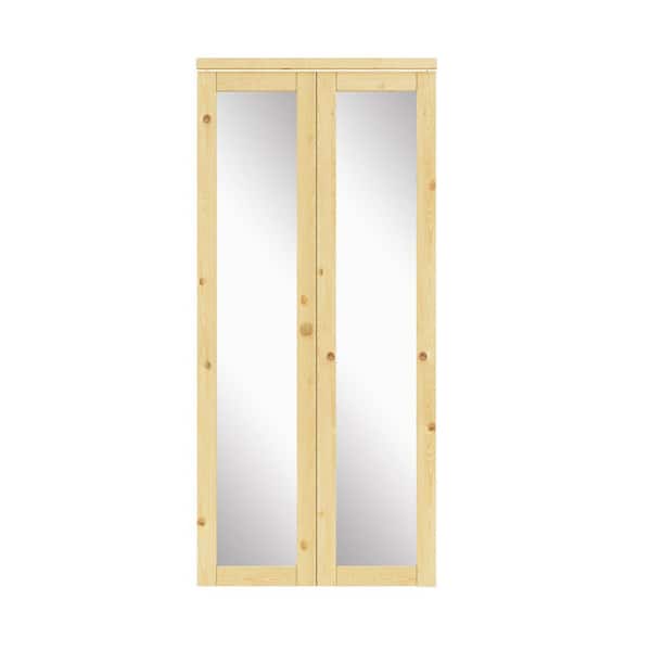 36 in. x 80 in. 1-Lite Solid Core Unfinished Pine Wood Mirrored Glass Interior Closet Bi-fold Door with Hardware
