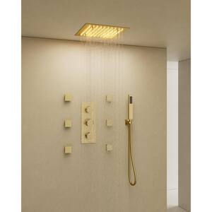 Triple Handle 5-Spray Patterns Shower Faucet 12 in. LED Shower Head 2.5 GPM with 6-Jets in Brushed Gold (Valve Included)