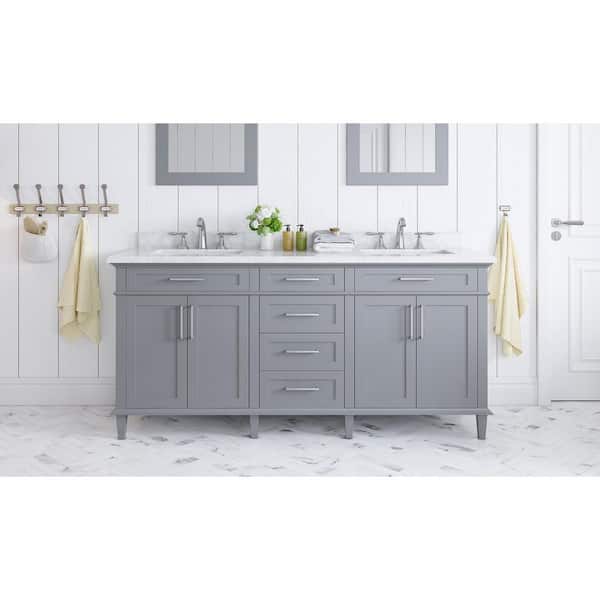 Home Decorators Collection Sonoma 72 in. Double Sink Freestanding Pebble Gray Bath Vanity with Carrara Marble Top (Assembled)