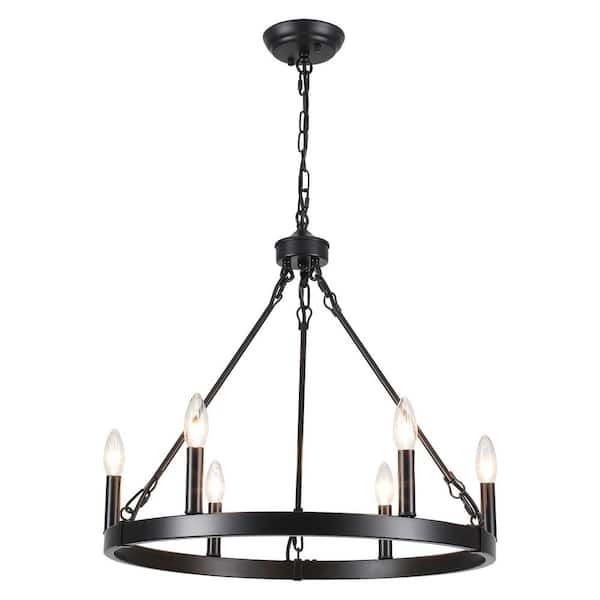ADSENSTY 6-Light Dimmable Black Rustic Wagon Wheel Chandelier for Kitchen Island with No Bulbs Included
