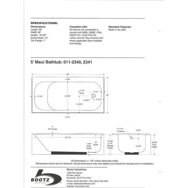 Bootz Industries Maui 60 in. Right Drain Rectangular Alcove