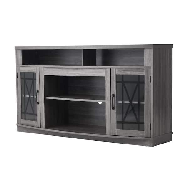 TV Stand for TVs up to 65 in. Light Strip, Wooden Storage with Glass Doors, Adjustable Shelves, or Living Room, Gray