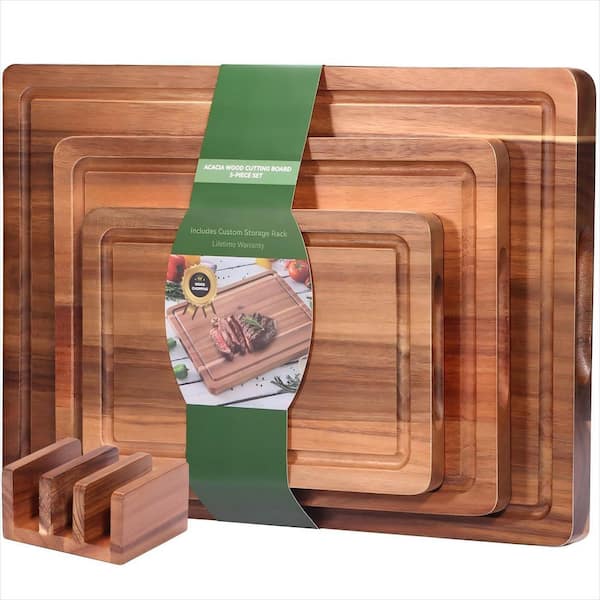 3-Piece Acacia Wood Cutting Board, Solid Wooden Cutting Board with Holder and Built-in Handles for Kitchen