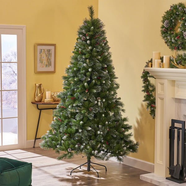 9 ft. Glitter Bristle Mixed Hinged Tree with 72 Red Berry/73 Pinecones/2099 tips