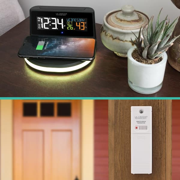 La Crosse Technology Wireless 5-Watt Charging Alarm Clock with Glowing base and Outdoor Sensor
