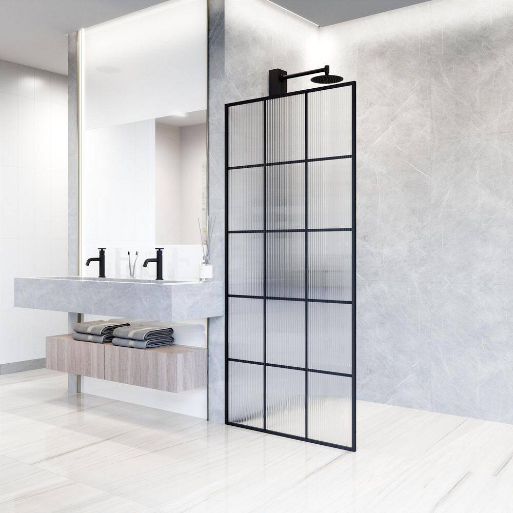 Mosaic Matte Black 34" x 74" Fluted Glass Shower Screen