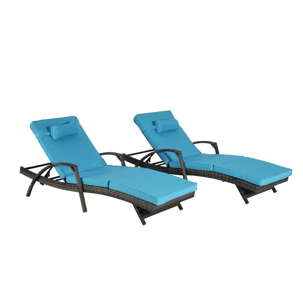 Modern Wicker Outdoor Recliner Lounge Chair Set of 2 with Light Blue Cushio