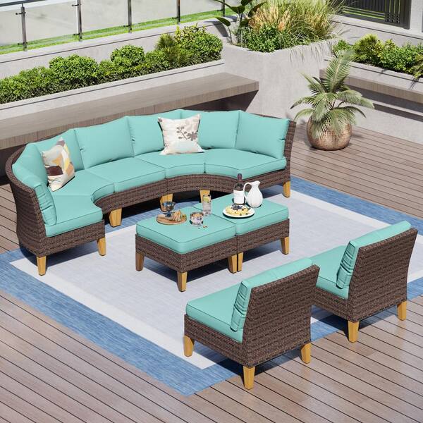 PHI VILLA Brown Rattan Wicker 9 Seat 9-Piece Steel Outdoor Patio Conversation Set with Blue Cushions