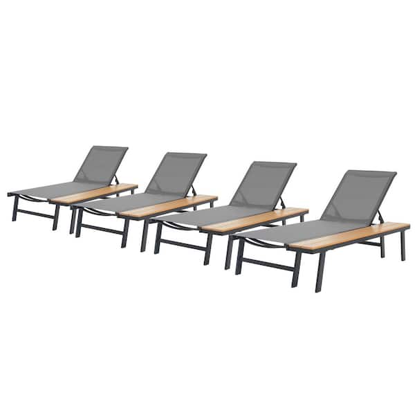 Waterloo Black Aluminum Adjustable Outdoor Patio Chaise Lounge with Side Table (4-Pack)