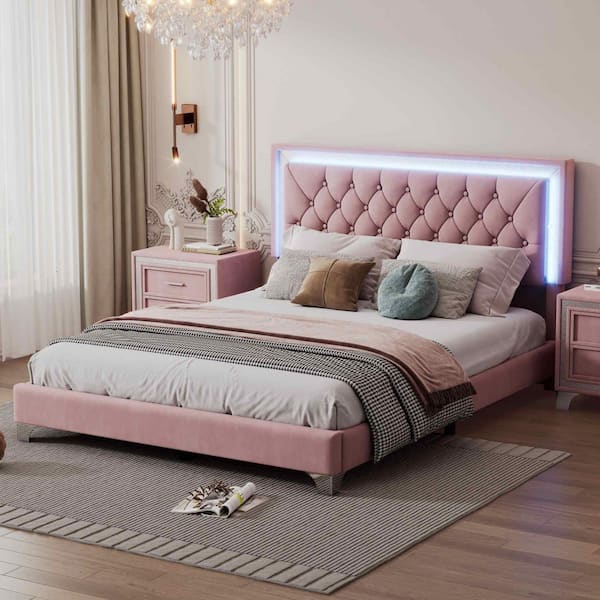 Pink Wood Frame Queen Size Platform Bed with LED Lights, Tufted Headboard
