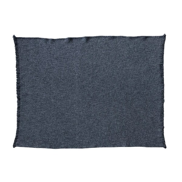 Charcoal Black Stonewashed Boucle Cotton Blend Throw Blanket with Fringe