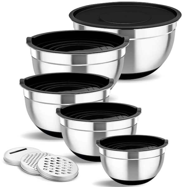 5-Piece Stainless Steel Mixing Bowl Set with Airtight Lids, Silicone Non-Slip Base, 3 Grater Attachments