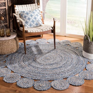 Cape Cod Blue/Natural 6 ft. x 6 ft. Round Circles Striped Area Rug