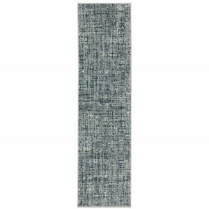 Dark Blue Light Blue Grey Ivory and Beige Abstract 2 ft. x 8 ft. Power Loom Stain Resistant Runner Rug