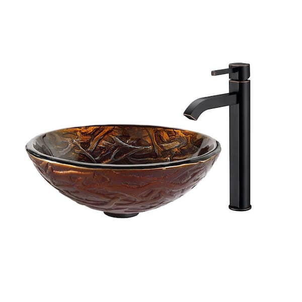 KRAUS Dryad Glass Vessel Sink in Brown with Ramus Faucet in Oil Rubbed Bronze