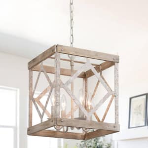 4-Light Aged Slategray Square Chandelier with Metal and Wood Shades, Adding Elegance to Sophisticated Spaces