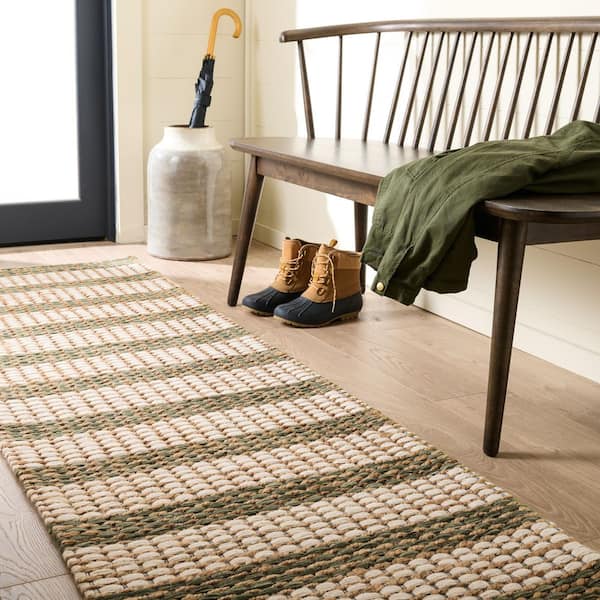 Martha Stewart 2 ft. x 8 ft. Natural/Green Coastal Casual Striped Runner Rug