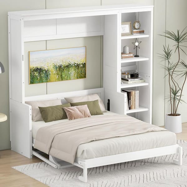 White Wood Frame Full Murphy Bed with Desk and Bookshelf