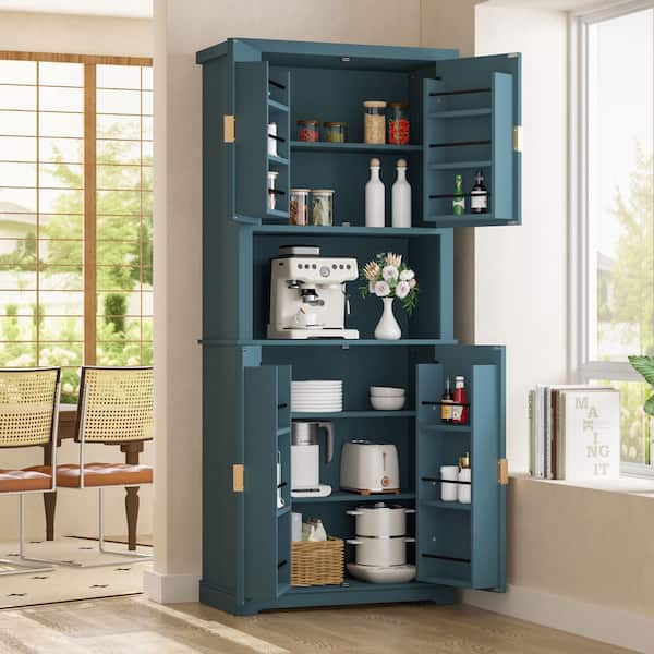 VEIKOUS 30.7 in. W MDF Wood Food Pantry Cabinet Kitchen Storage Cabinet with Shelves and Countertop in Dark Blue