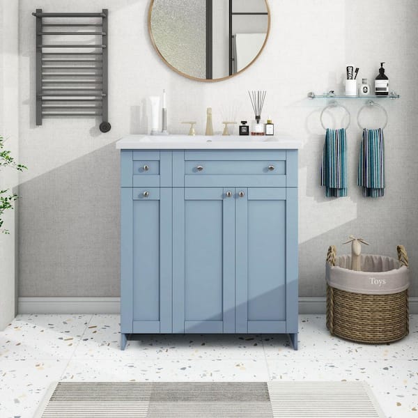 EPOWP 30 in. W x 18 in. D x 34.5 in. H Freestanding Bath Vanity in Blue with White Ceramic Top Single Sink
