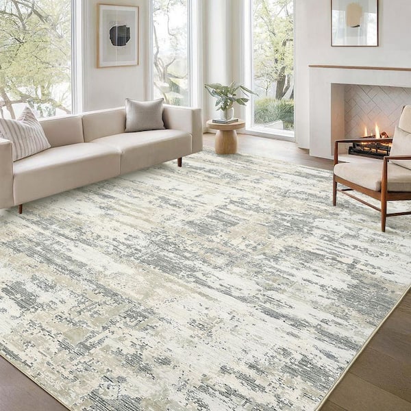Modern Abstract Low Pile Soft Thin Carpet Washable for Bedroom Living Room Laundry Office Beige 10 ft. x 13 ft. Area Rug