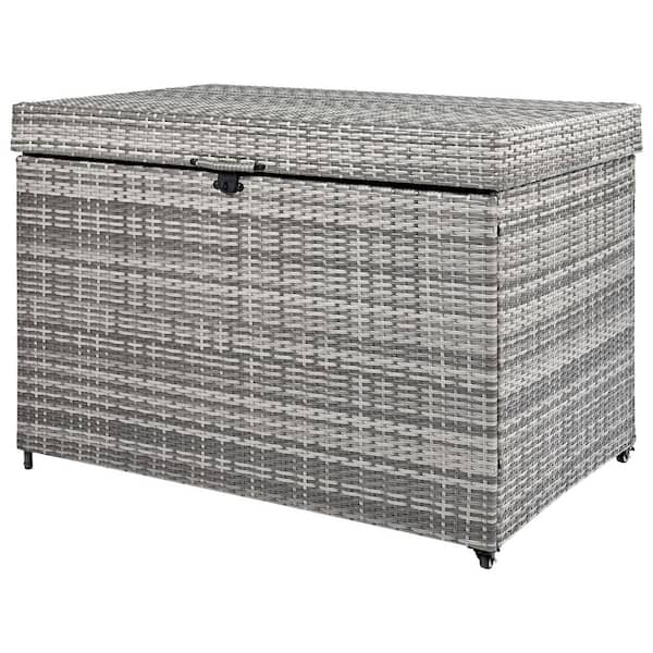 OLUMAT 230 gal. Gray All-Weather Rattan Wicker Storage Deck Box with Wheels