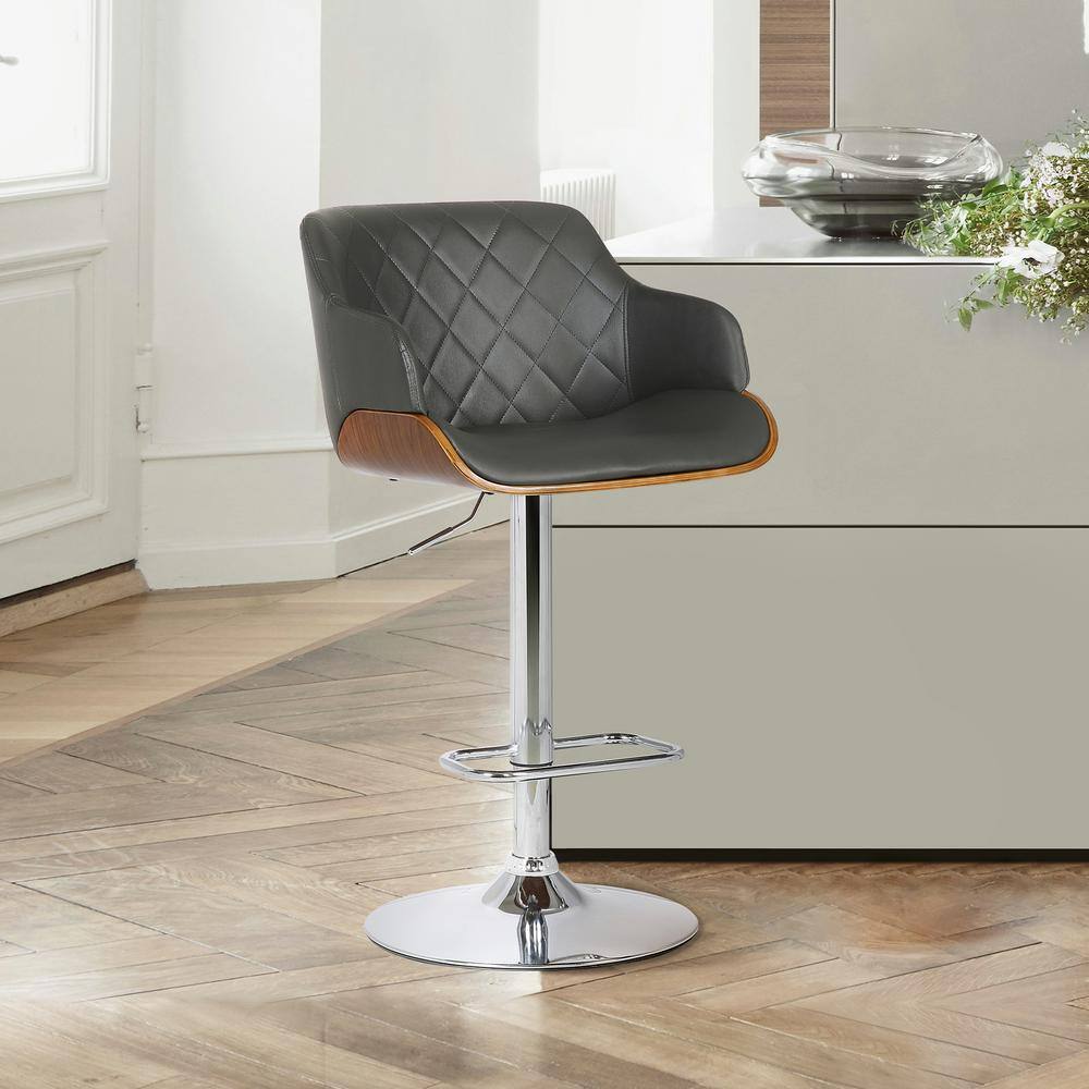 Toby Contemporary Adjustable Chrome with Grey Faux Leather and Walnut Bar S