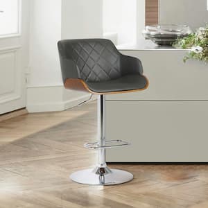 Toby Contemporary Adjustable Chrome with Grey Faux Leather and Walnut Bar Stool