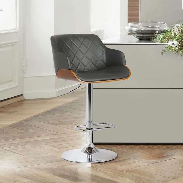 Armen Living Toby Contemporary Adjustable Chrome with Grey Faux Leather and Walnut Bar Stool