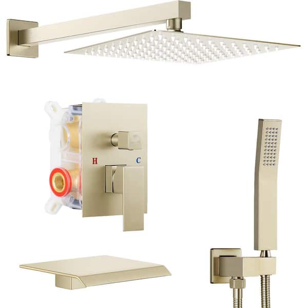 AKLFGN Double Handle 3-Spray Tub and Shower Faucet Shower Combo 10 in. Shower Head 2.5 GPM in. Brushed Gold Valve Included