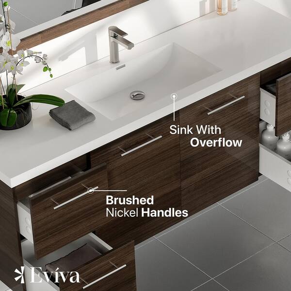 Eviva Luxurious 60 in. W x 22 in. D x 26 in. H Floating Bath Vanity in Gray Oak with White Tempered Glass Top