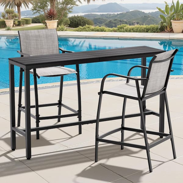 3-Piece Metal Outdoor Serving Bar Set 63 in. L. WPC Top Bar Table and 2 Stool with Gray Textilene Fabric Back and Seat