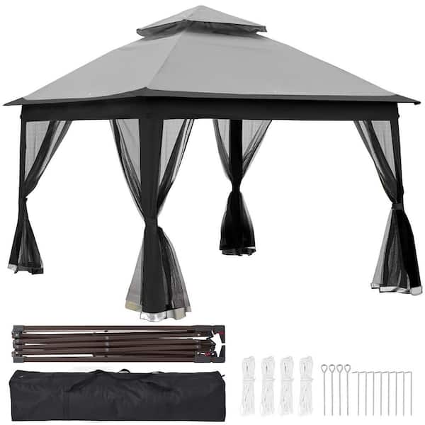 Siavonce Outdoor 11 ft. x 11 ft. Pop Up Gazebo Canopy With Removable Zipper Netting, 2-Tier Soft Top Event Tent, Grey