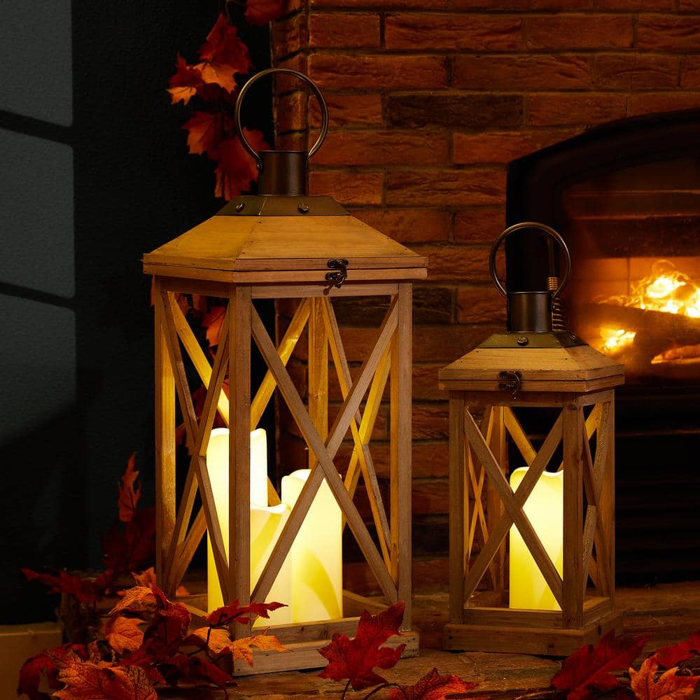 Rustic Firwood Dual-Candle Hanging Lantern, Distressed Brown