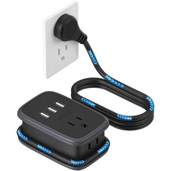 2-Outlet Portable Travel Power Strip with USB Ports and 3 ft. Wrapped Flat Plug Extension Cord in Black