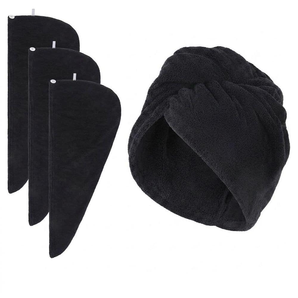 Black Microfiber Hair Drying Towel Turban Twist, Soft Lightweight Absorbent 3-Pack for Women