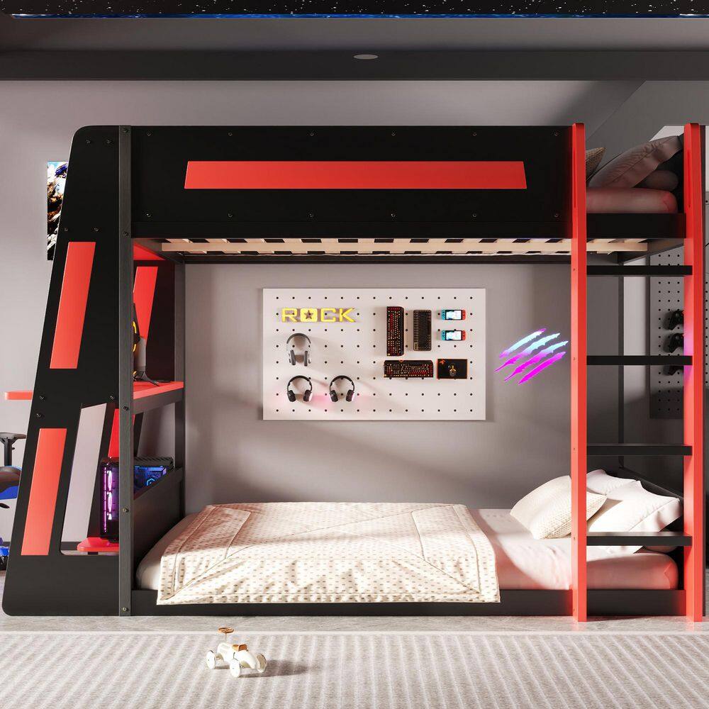 Harper & Bright Designs Gaming Style Black and Red Full Bunk Bed with ...