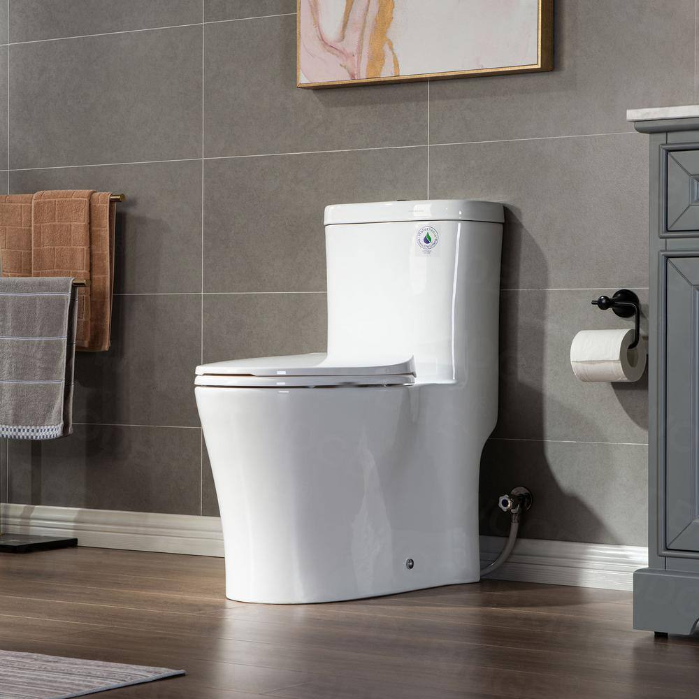 White Elongated One-Piece Dual Flush Toilet with Soft Closing Seat