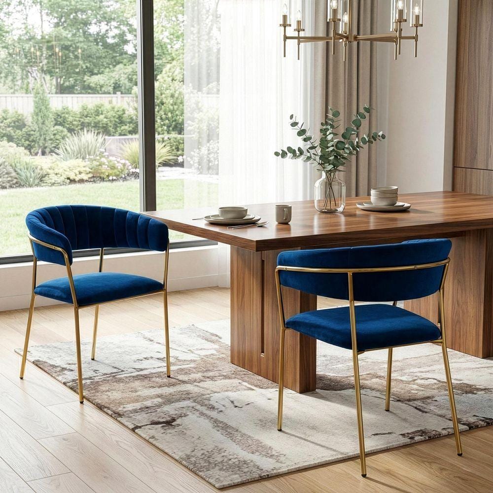 Glamour Home Anya Blue Velvet Arm Chair with Golden Metal Legs