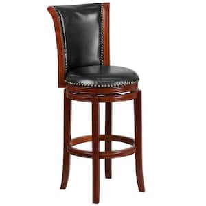 30 in. High Dark Chestnut Wood Bar Stool with Panel Back and Black Leather Swivel Seat