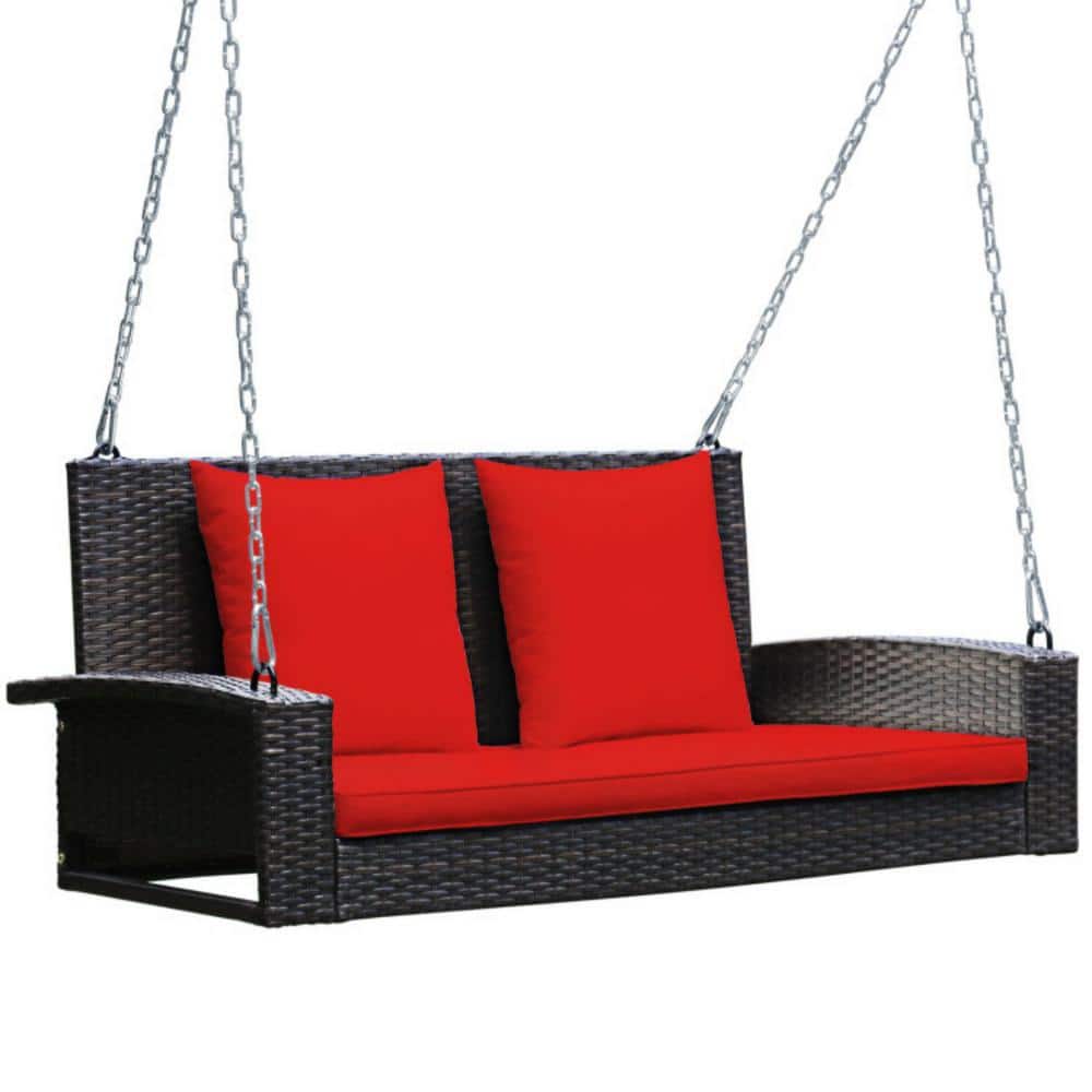 2-Person Wicker Patio Rattan Porch Swing with Red Cushions price history on PriceWatchPro