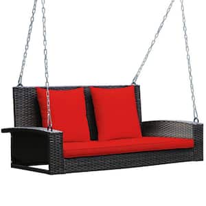 2-Person Wicker Patio Rattan Porch Swing with Red Cushions