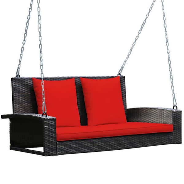 Clihome 2-Person Wicker Patio Rattan Porch Swing with Red Cushions CL ...