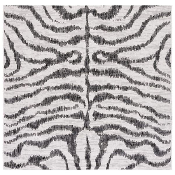 Courtyard Ivory/Black 7 ft. x 7 ft. Zebra Indoor/Outdoor Square Area Rug